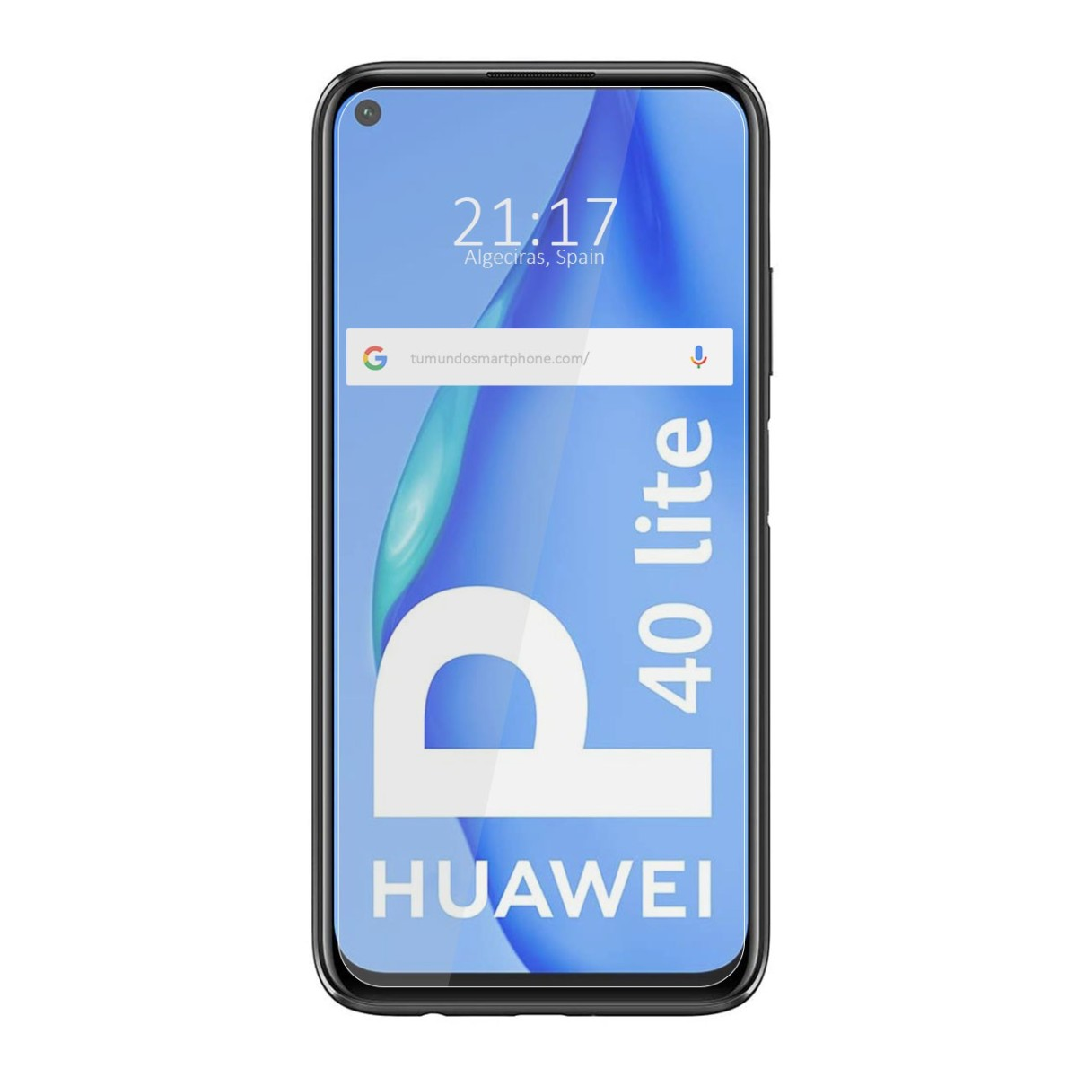 Teléfono Huawei P40 lite, pantalla muestra hora, fecha y diseño acuático.