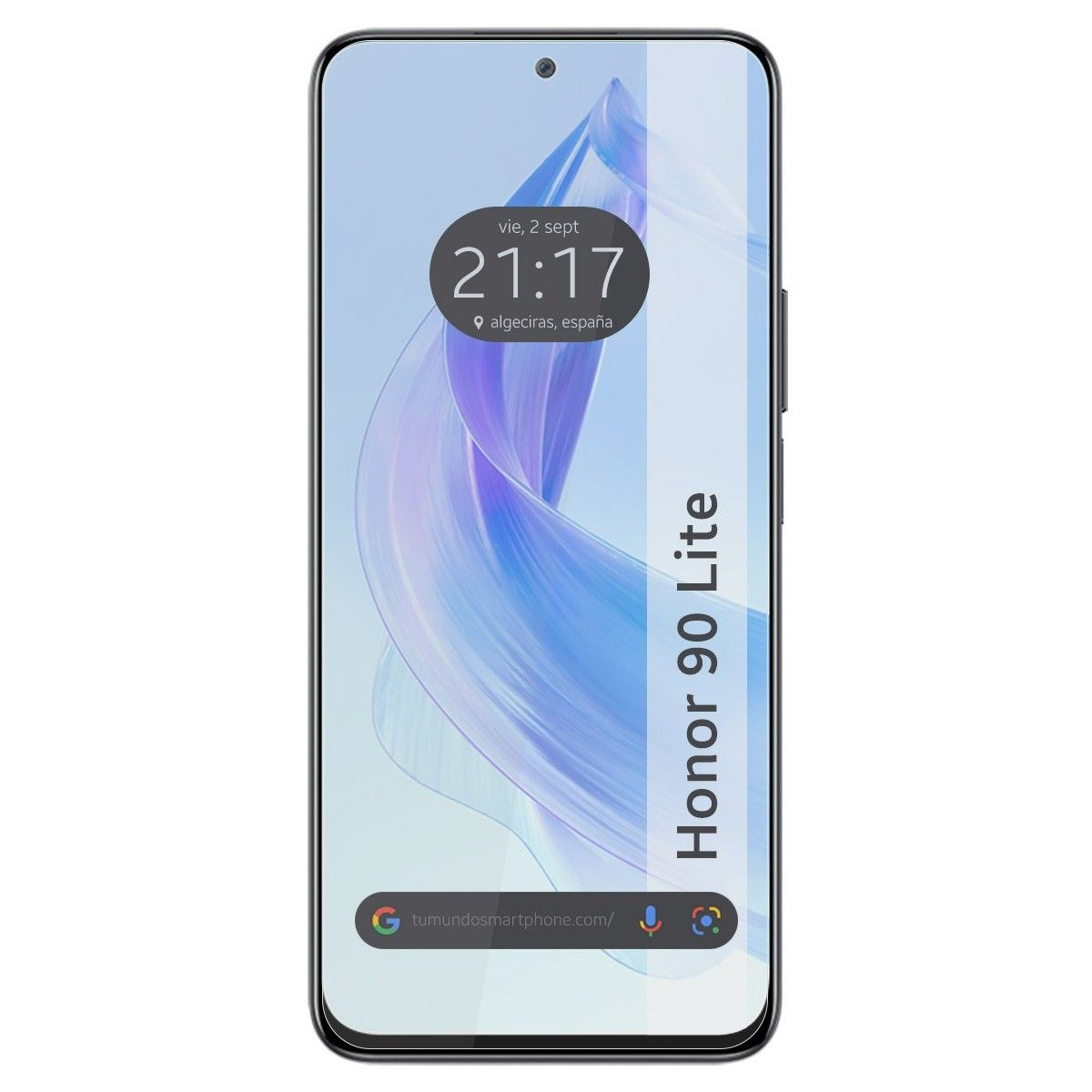 Smartphone che mostra un design fluido blu e viola, ora, data e posizione.