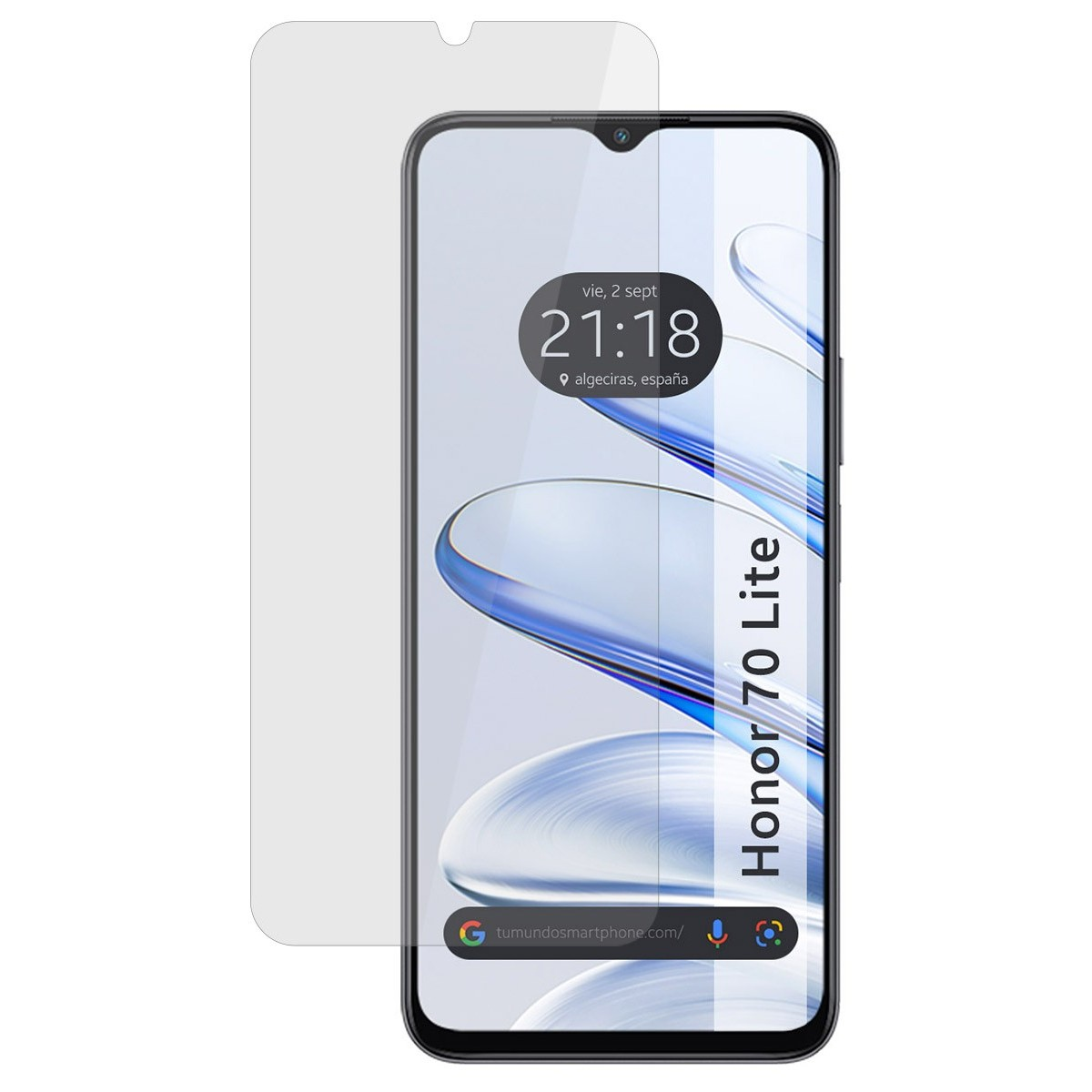 Uno smartphone con protezione schermo. Lo schermo mostra ora, luogo e una barra di ricerca. Il telefono è nero.