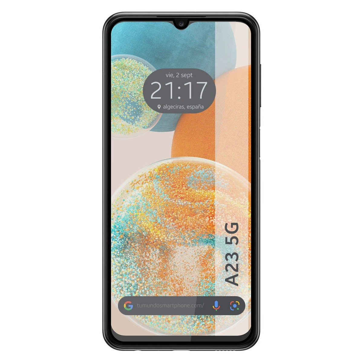 Schermo di smartphone che mostra uno sfondo astratto colorato con l'ora 21:17 e il testo 'A23 5G' in basso.