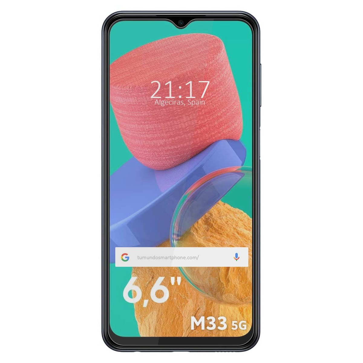Pantalla de teléfono con hora 21:17. Texto: M33 5G 6,6". Fondo con formas.