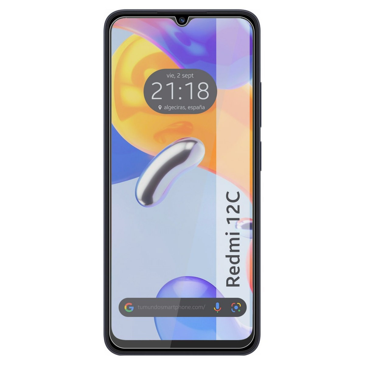 Schermo dello smartphone che mostra ora, data e l'URL tumundosmartphone.com con una protezione.