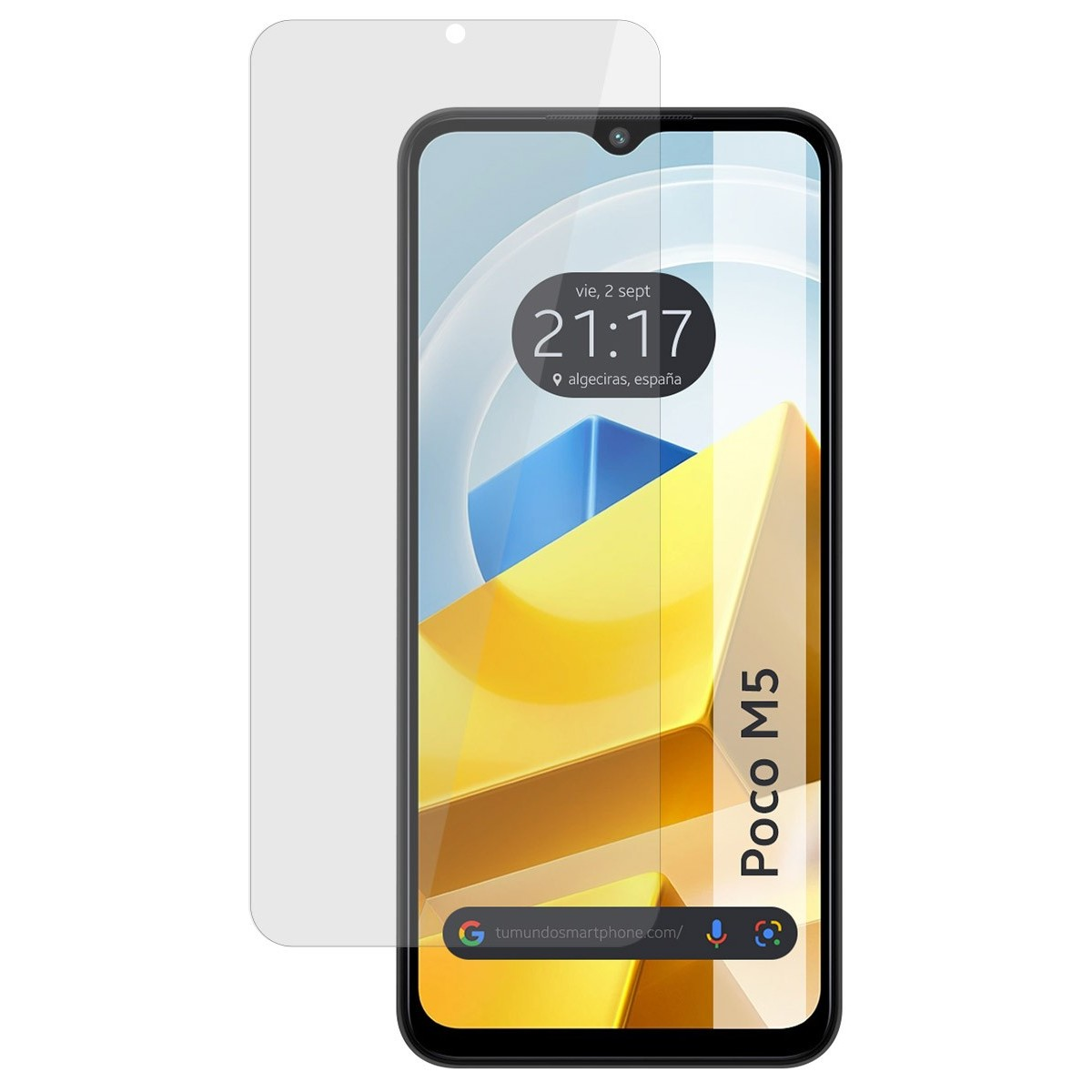 Telefono Poco M5 con protezione schermo; lo schermo mostra l'ora e un design giallo.
