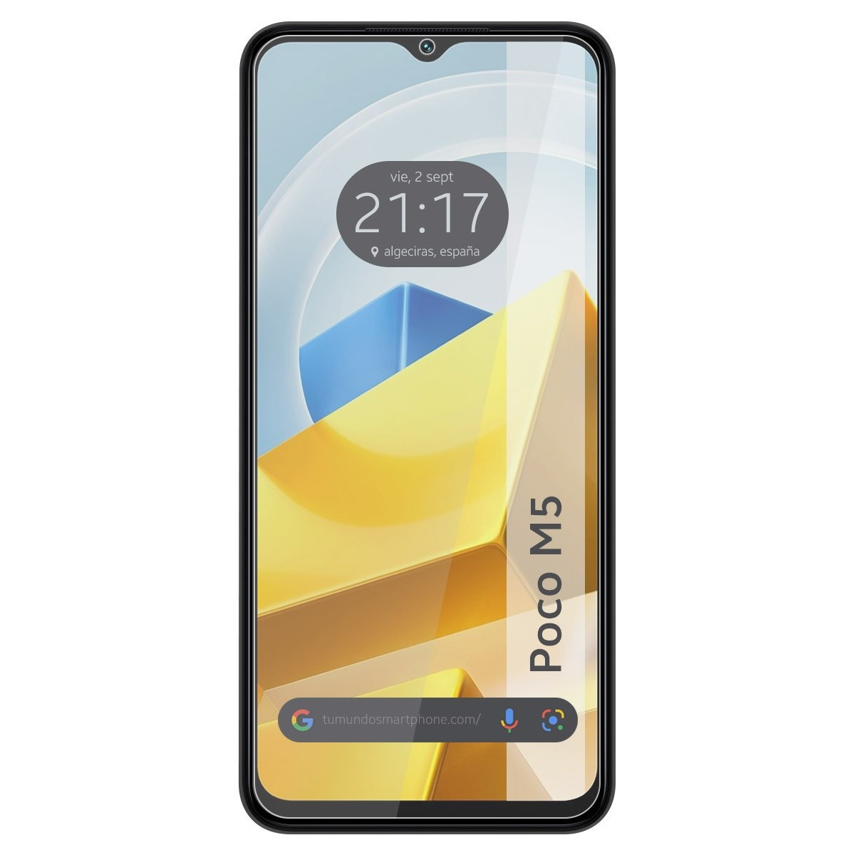 Schermo di smartphone con ora, data e testo 'Poco M5'. Lo schermo ha una pellicola protettiva.