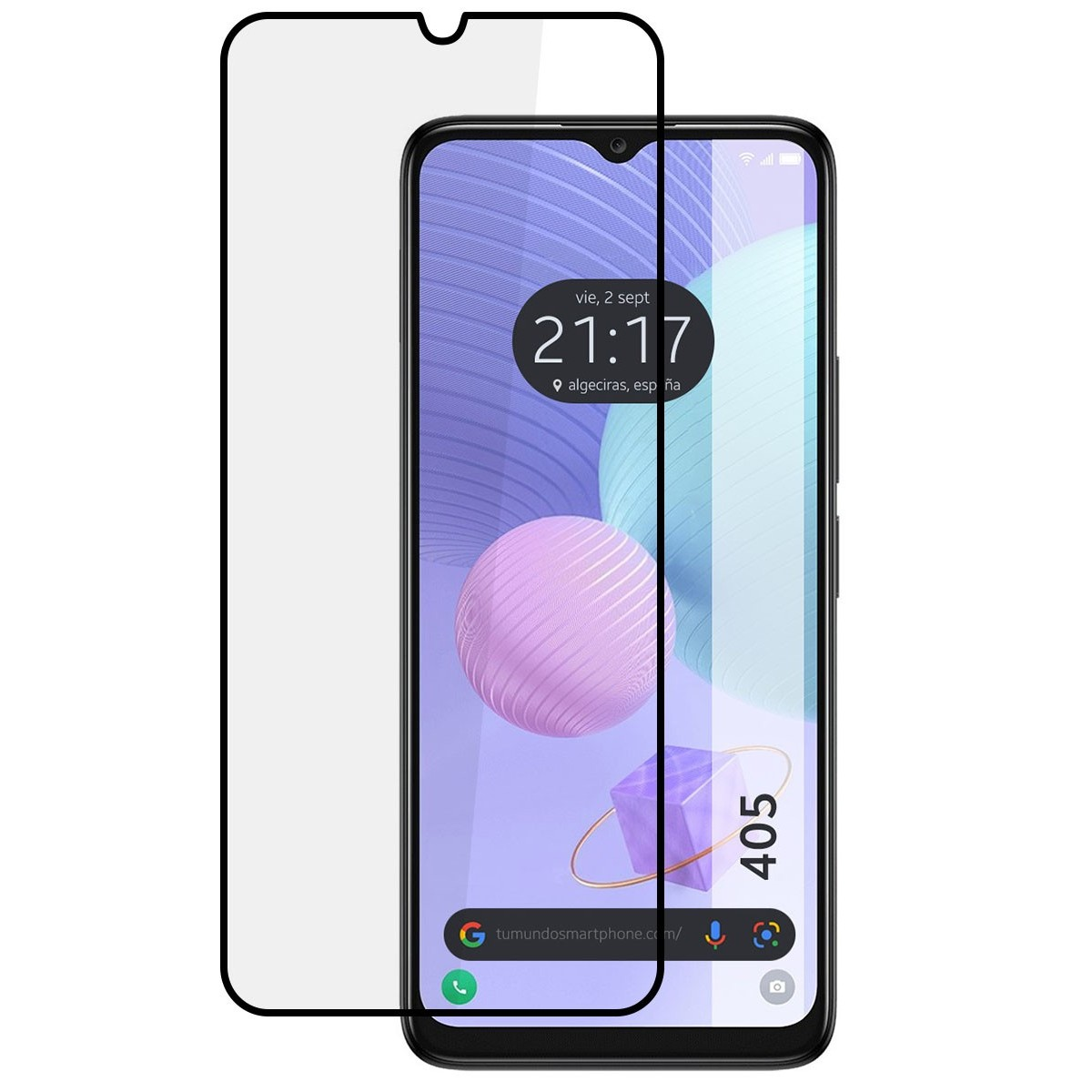 Smartphone con protezione schermo, mostra ora, posizione e barra di ricerca Google. È un modello 405.