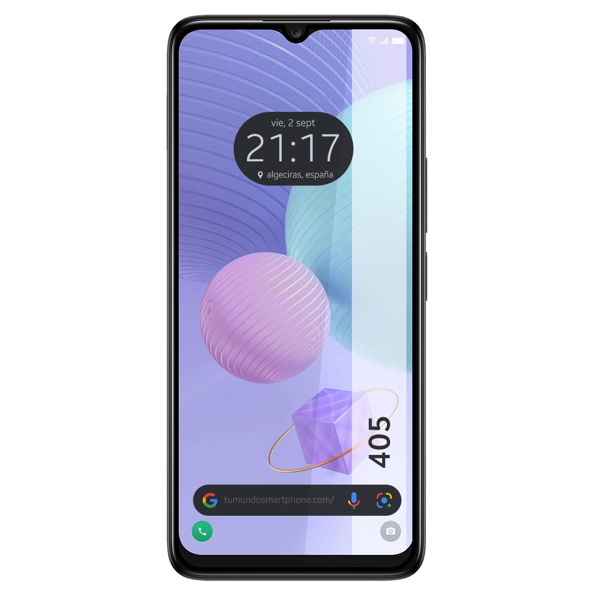 Telefono con orario, Google e icone. Segnato come 405, con forme astratte.