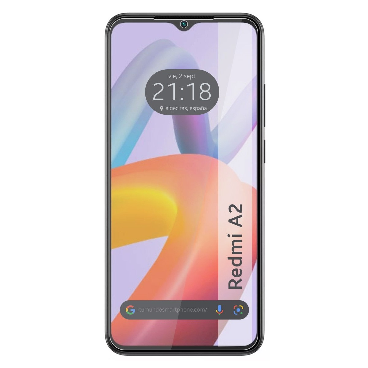 Telefono Redmi A2 con protezione schermo. L'ora è 21:18. Lo sfondo mostra forme astratte colorate.