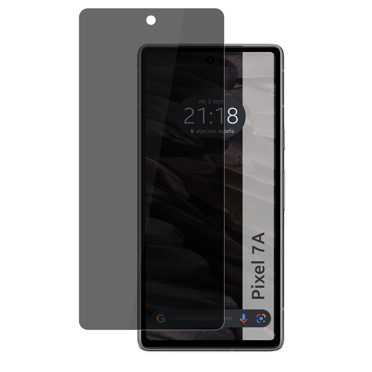 Telefono Pixel 7A con protezione schermo. Display mostra ora e design. Filtro scuro applicato.