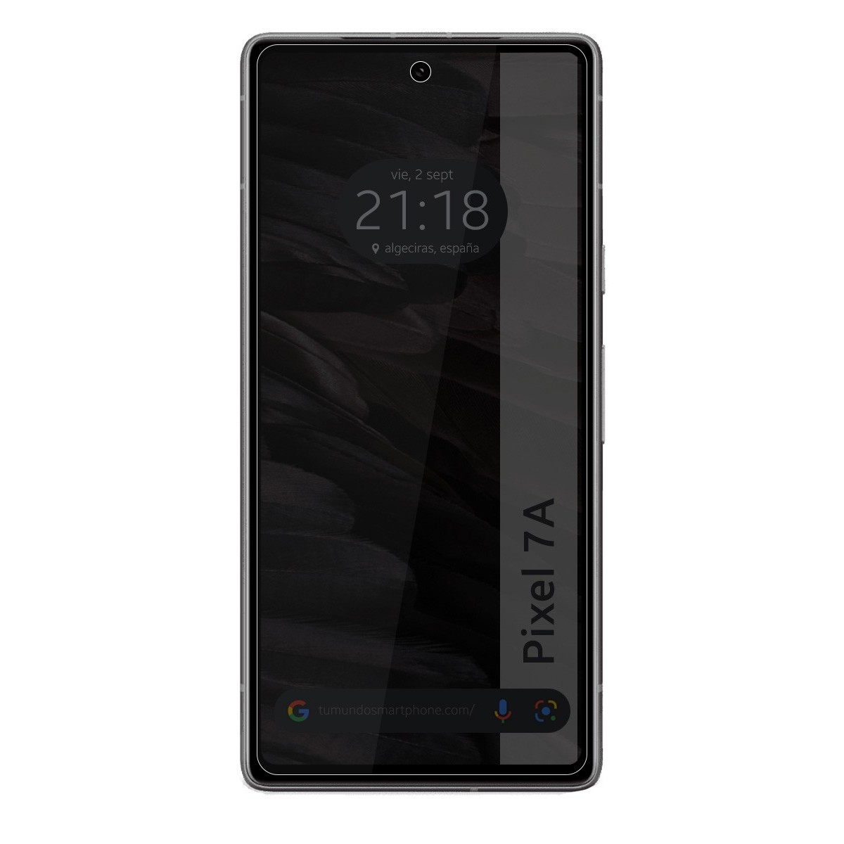 Schermo dello smartphone Pixel 7A, ora, Algeciras, Spagna, e Pixel 7A scritto a destra.