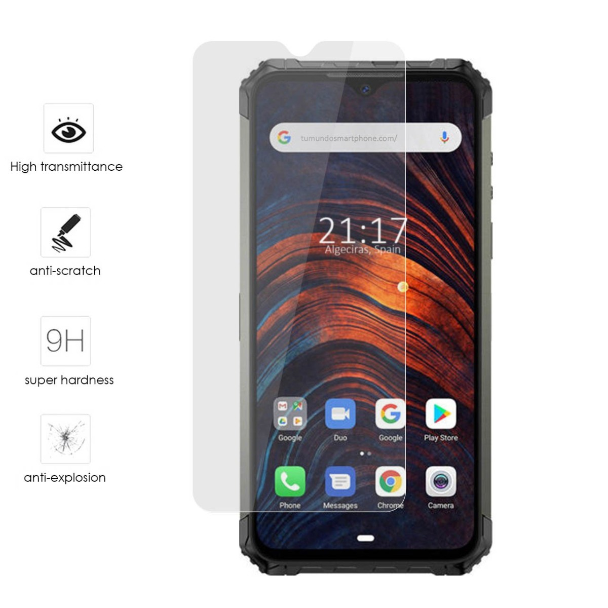 Smartphone con protector de pantalla. Hora: 21:17. Ubicación: Algeciras, España. Protector al frente.