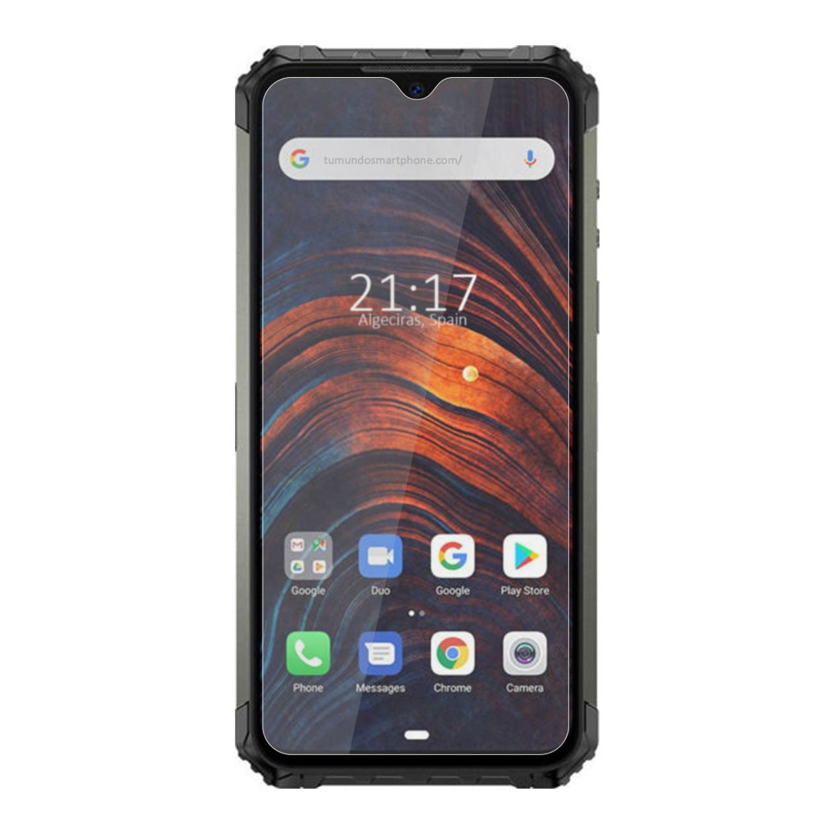 Smartphone negro con protector de pantalla. Muestra hora, iconos de aplicaciones y barra de búsqueda. Diseño robusto.