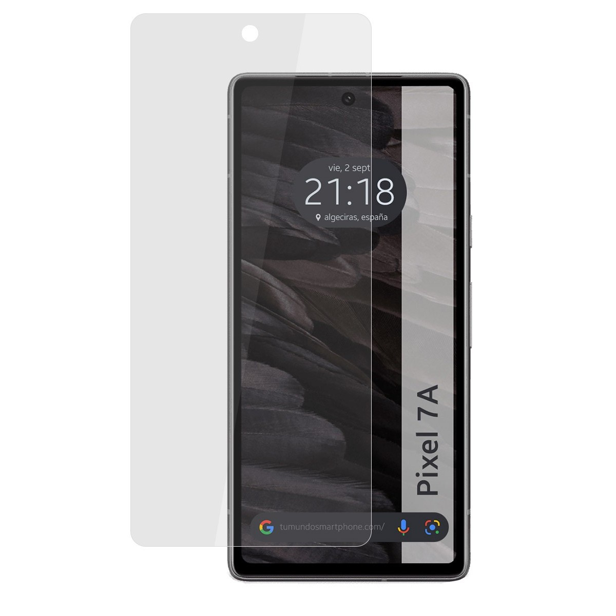Telefono Pixel 7A con protezione schermo. Mostra 21:18. Telefono verde con protezione bianca.