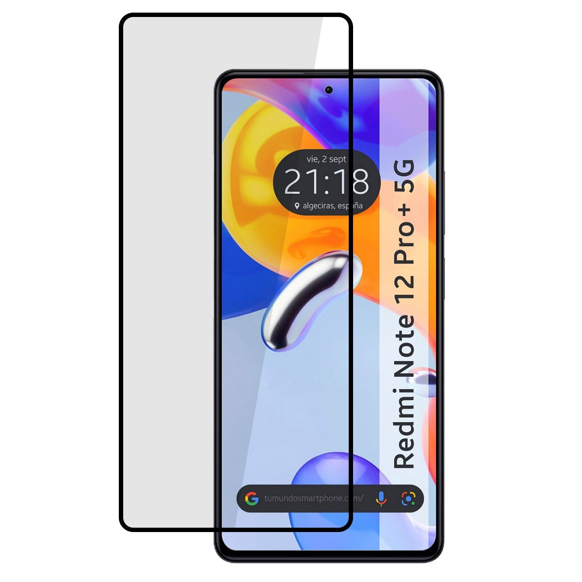 Telefono Redmi Note 12 Pro+ 5G con protezione schermo che mostra ora e posizione.