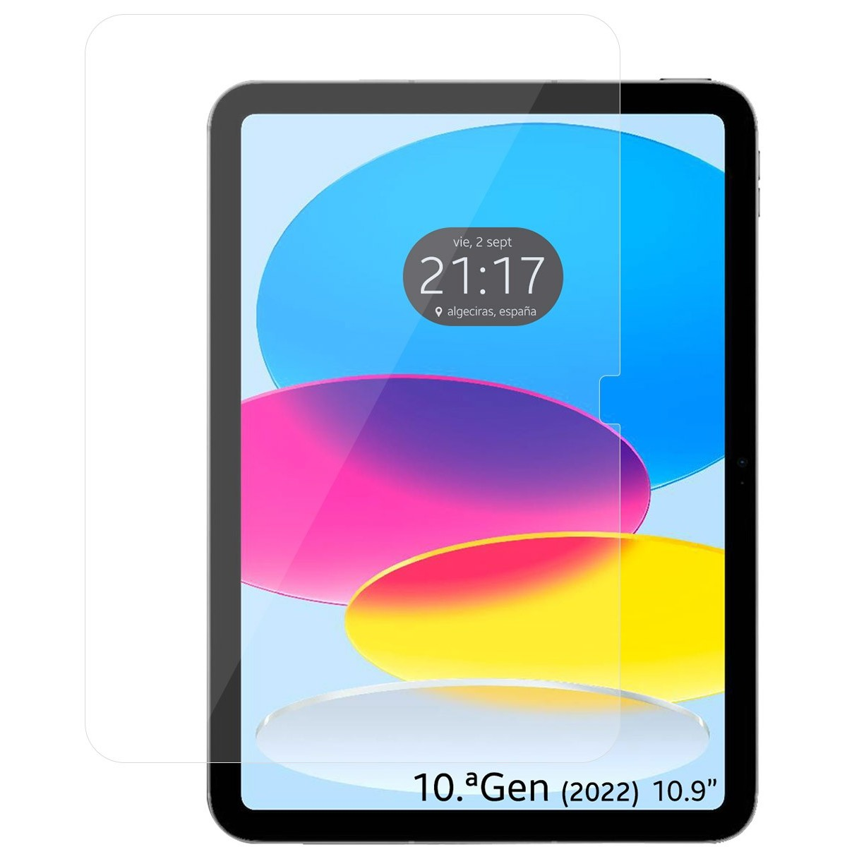 Una tableta con protector de pantalla. La pantalla muestra un diseño abstracto colorido y la hora.