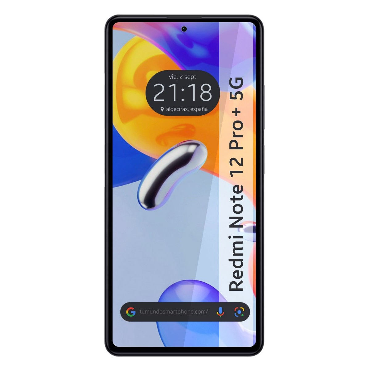 Schermo del telefono Redmi Note 12 Pro+ 5G mostra ora, barra di ricerca e arte astratta. Cornice nera.