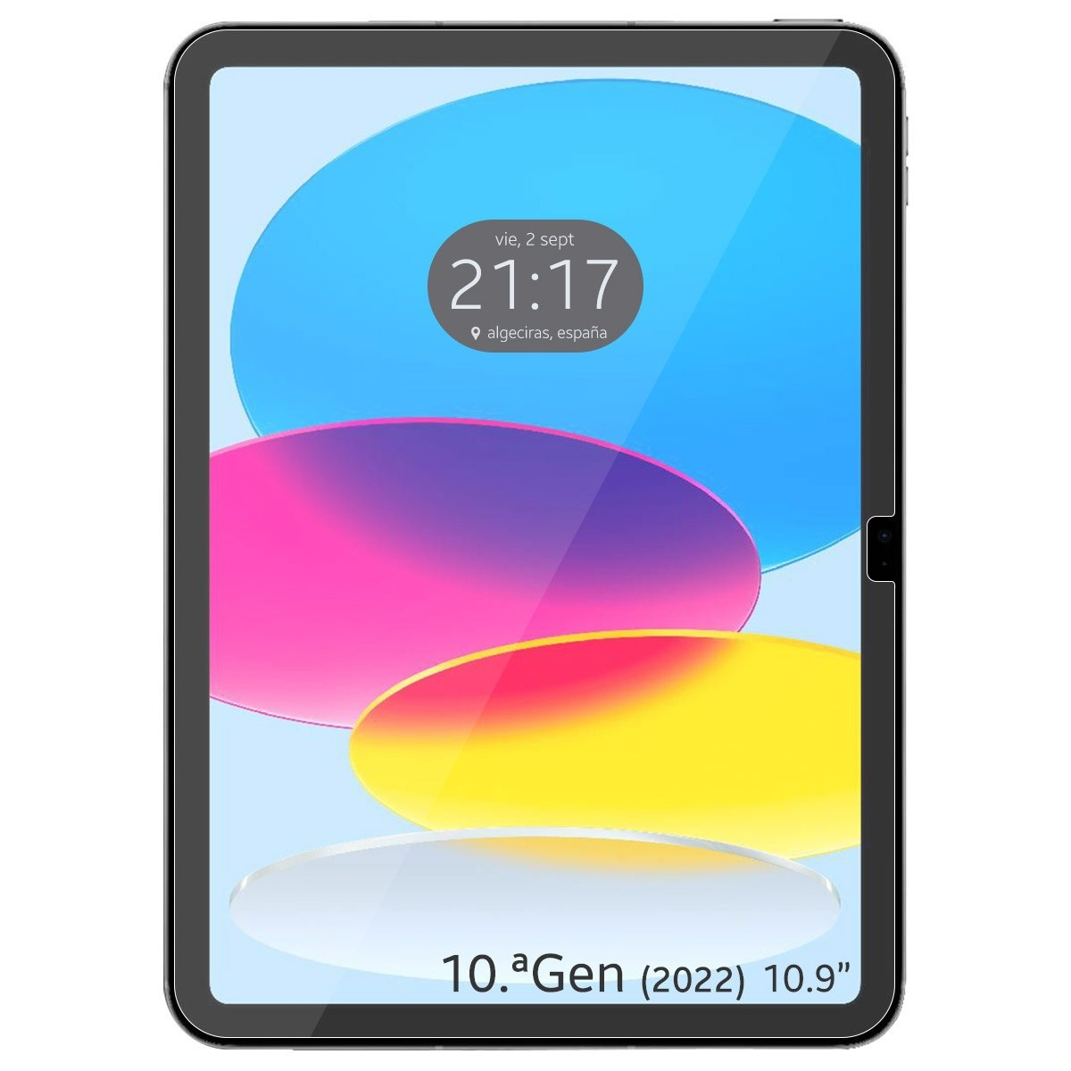 Tableta mostrando hora y fecha, fondo colorido con formas y texto "10.a Gen (2022) 10.9".