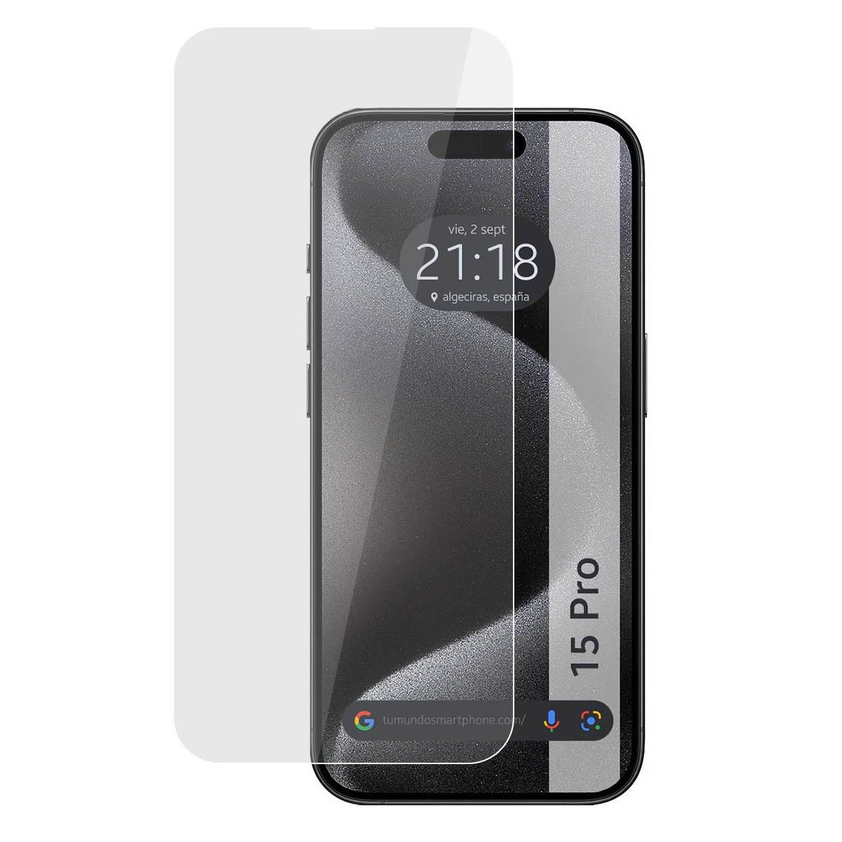 Pantalla de teléfono con hora, barra de búsqueda y protector. Fondo blanco y negro.