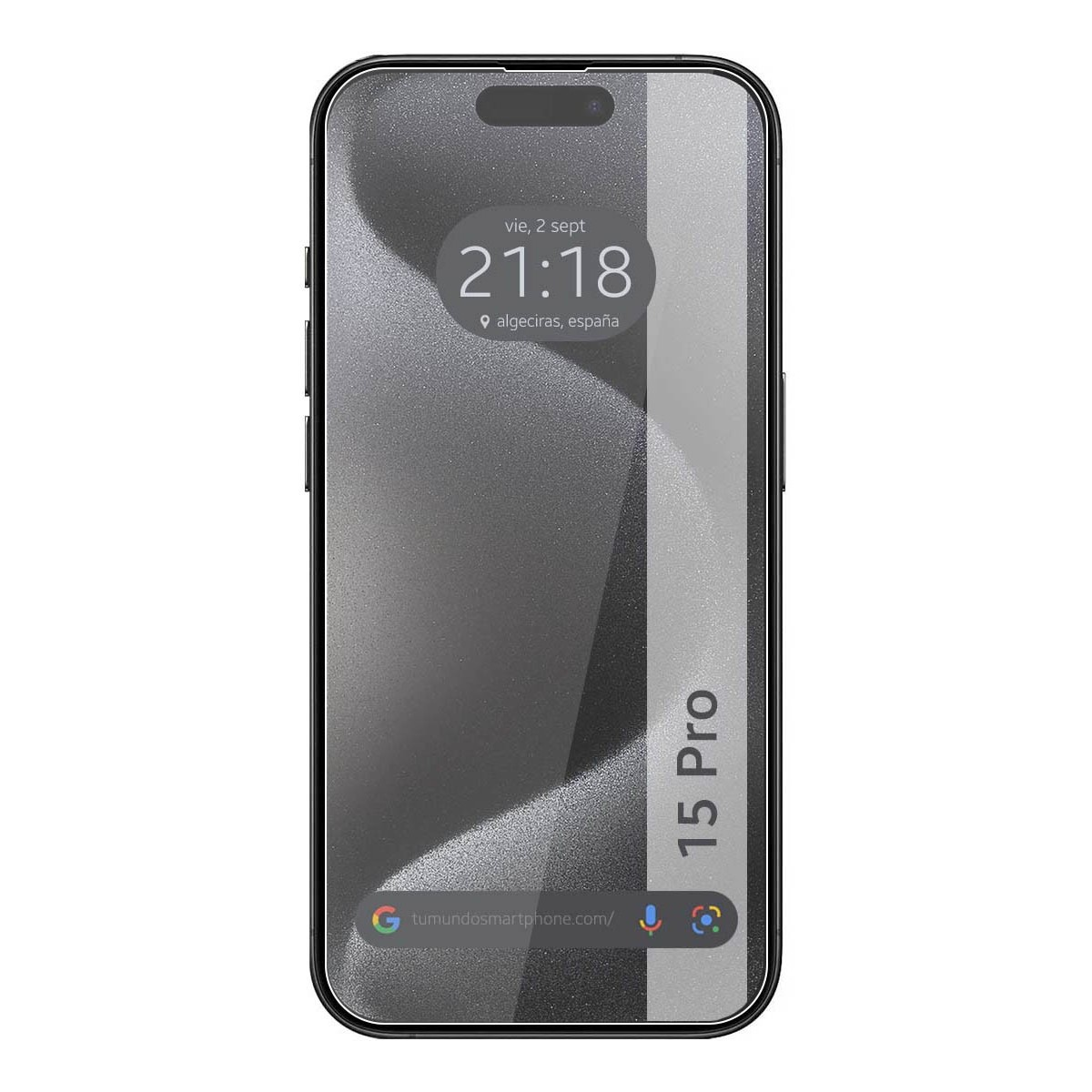 Teléfono 15 Pro con protector de pantalla. Muestra la hora 21:18 en Algeciras, España.