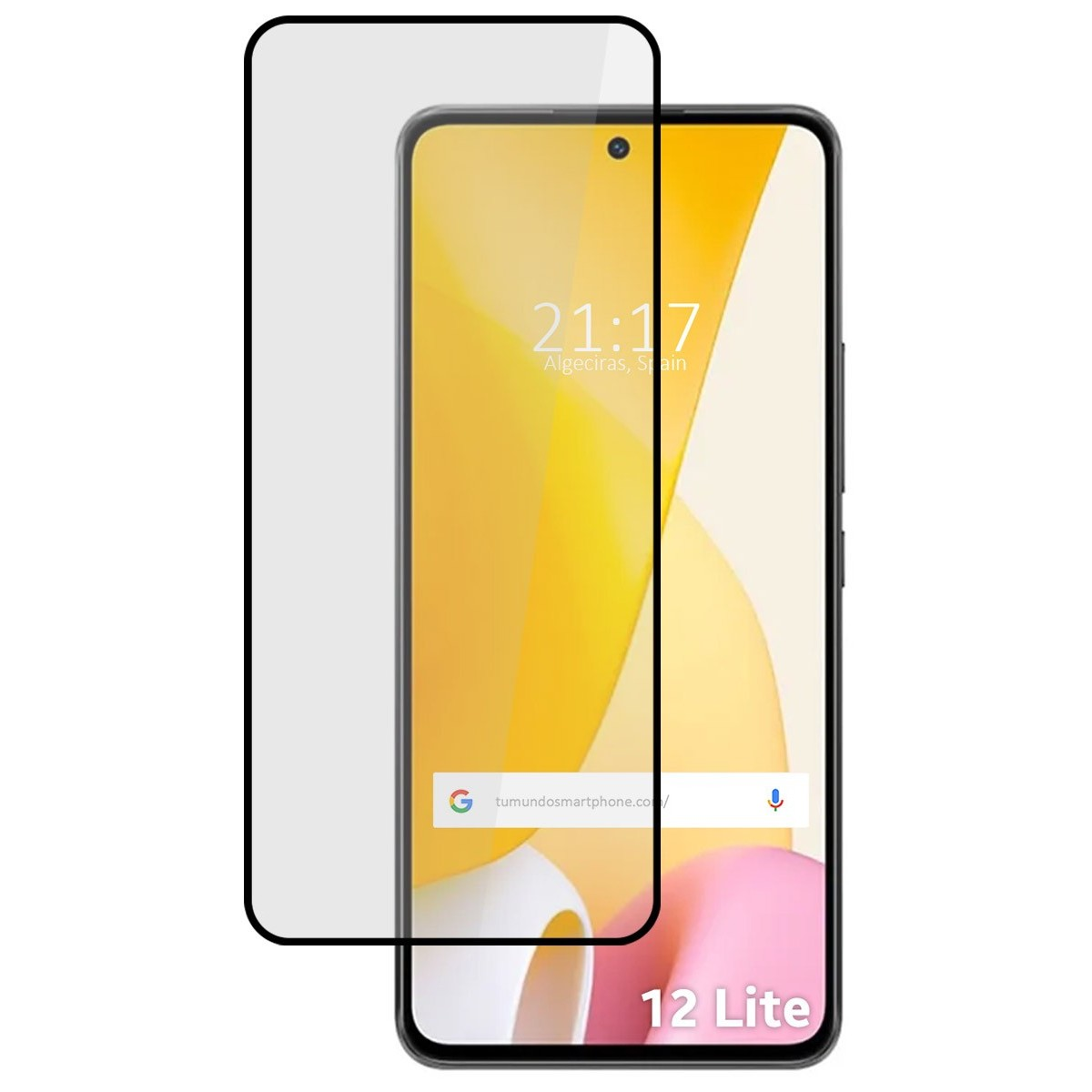 Smartphone 12 Lite con protezione schermo. Mostra l'ora e la barra di ricerca.