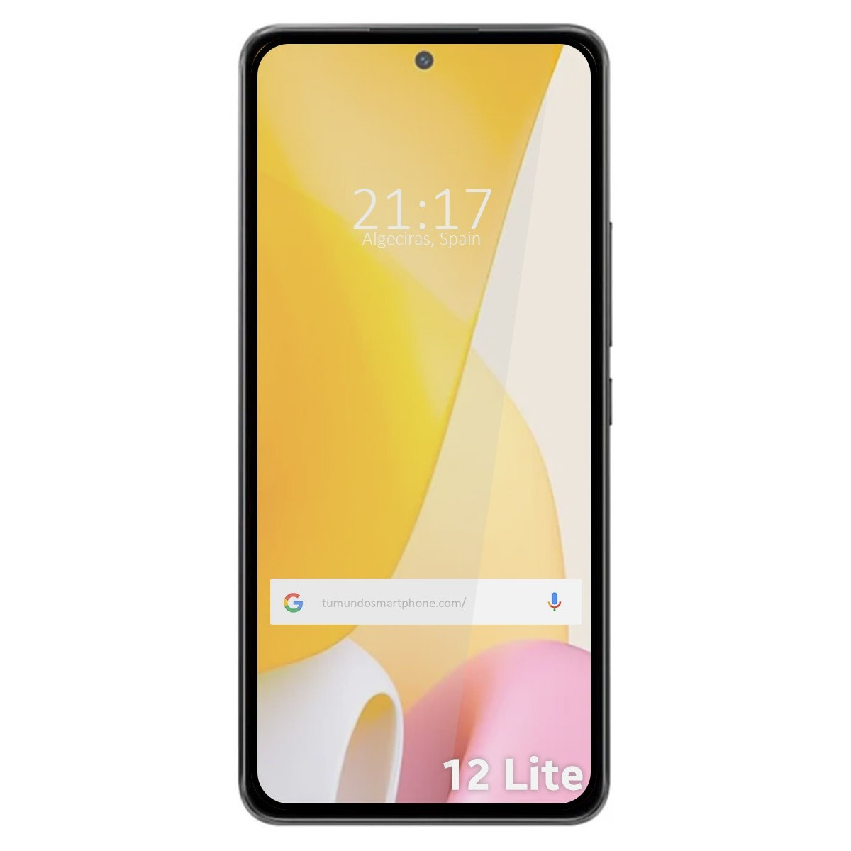 Telefono 12 Lite con schermo acceso. Lo schermo mostra l'ora 21:17. Lo sfondo ha forme astratte gialle e rosa.