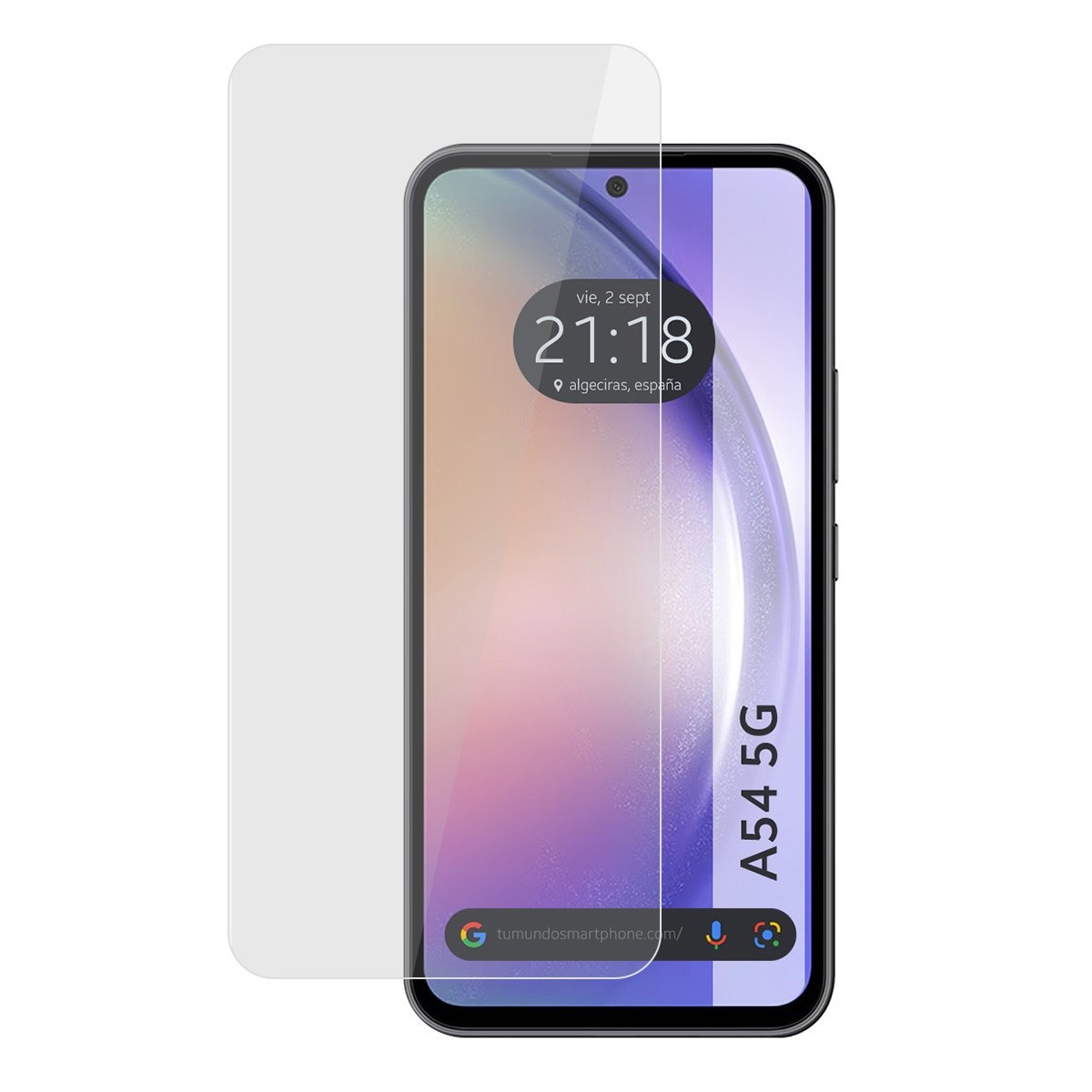 Uno smartphone con protezione schermo, che mostra l'ora 21:18 e A54 5G. Lo sfondo è bianco.