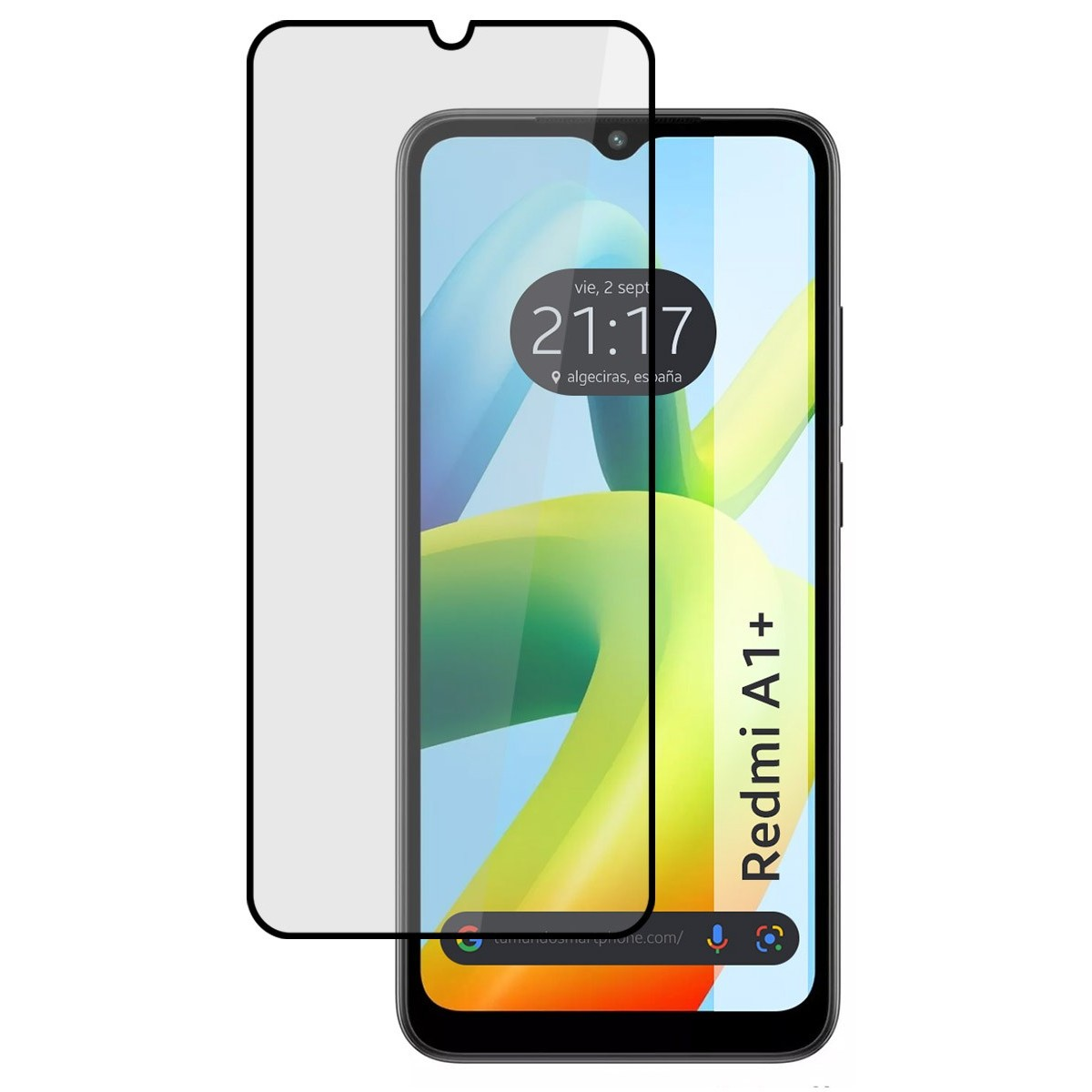 Smartphone con protezione schermo. Mostra ora e logo Redmi A1+.