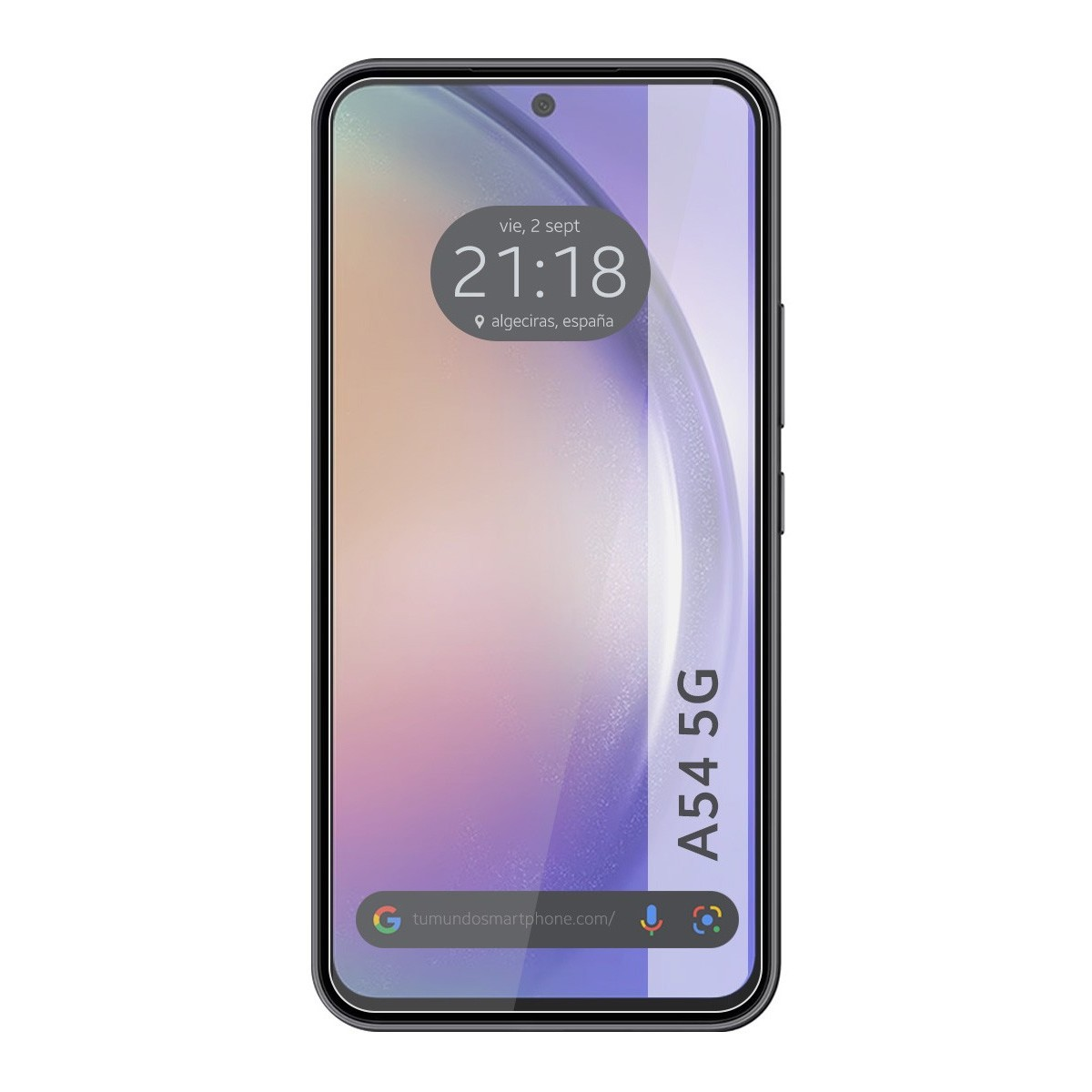 Lo schermo del telefono A54 5G mostra l'ora, Algeciras, Spagna e una barra di ricerca.