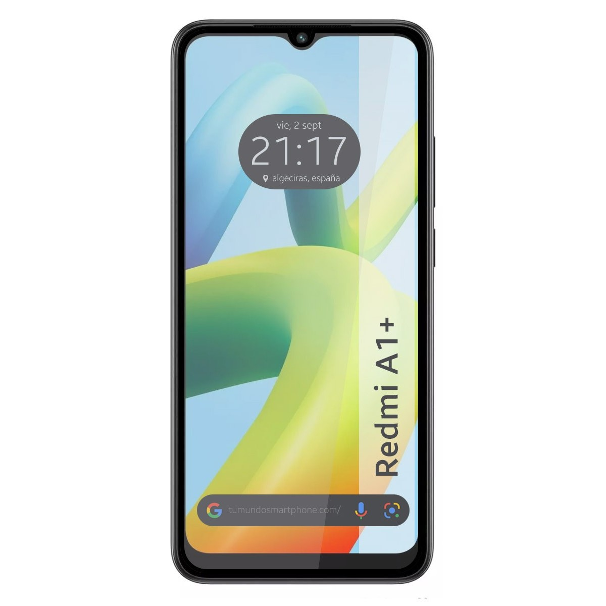 Smartphone con protezione schermo, mostra l'ora e uno sfondo giallo e verde.