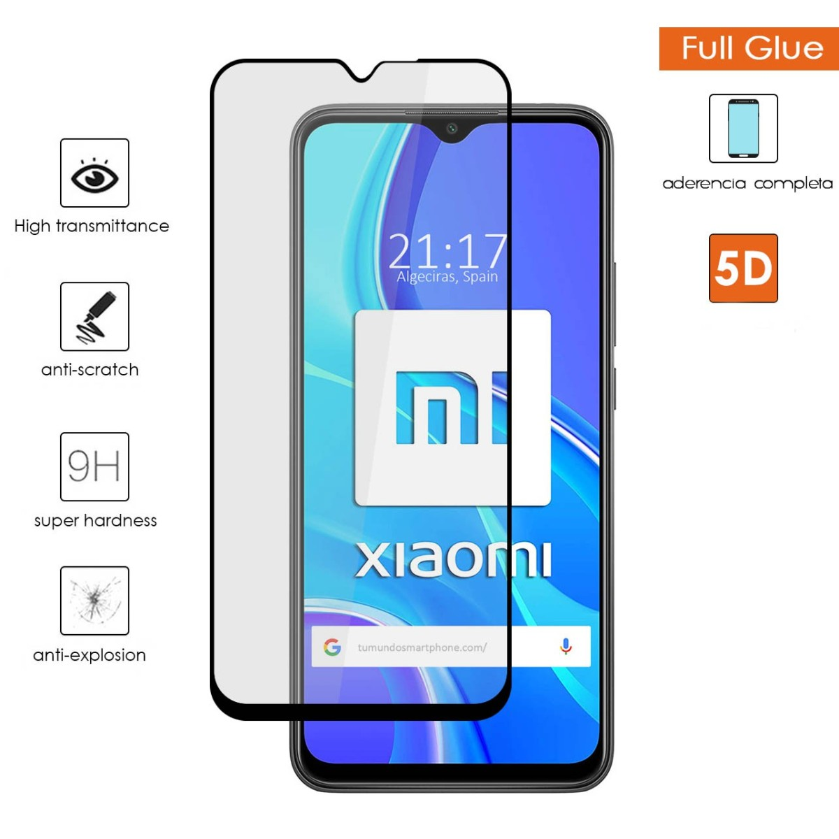 Smartphone con protezione schermo, ora, modello e link sito web. Icone e testo visibili sullo schermo.