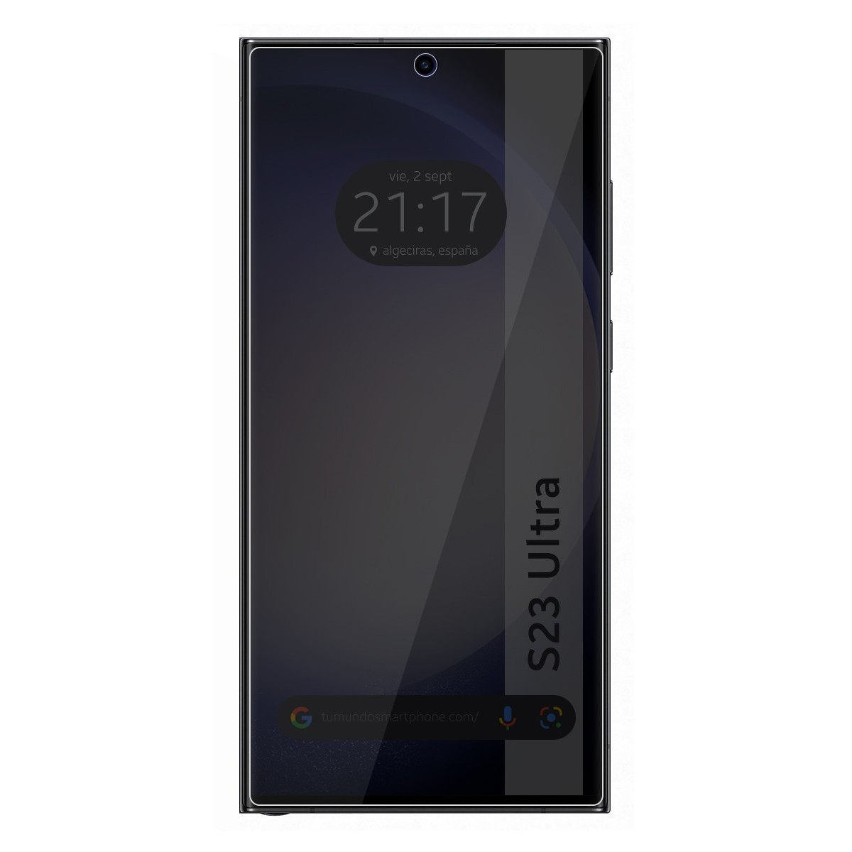 La pantalla del teléfono muestra la hora y la fecha, con el texto "S23 Ultra" a la derecha.
