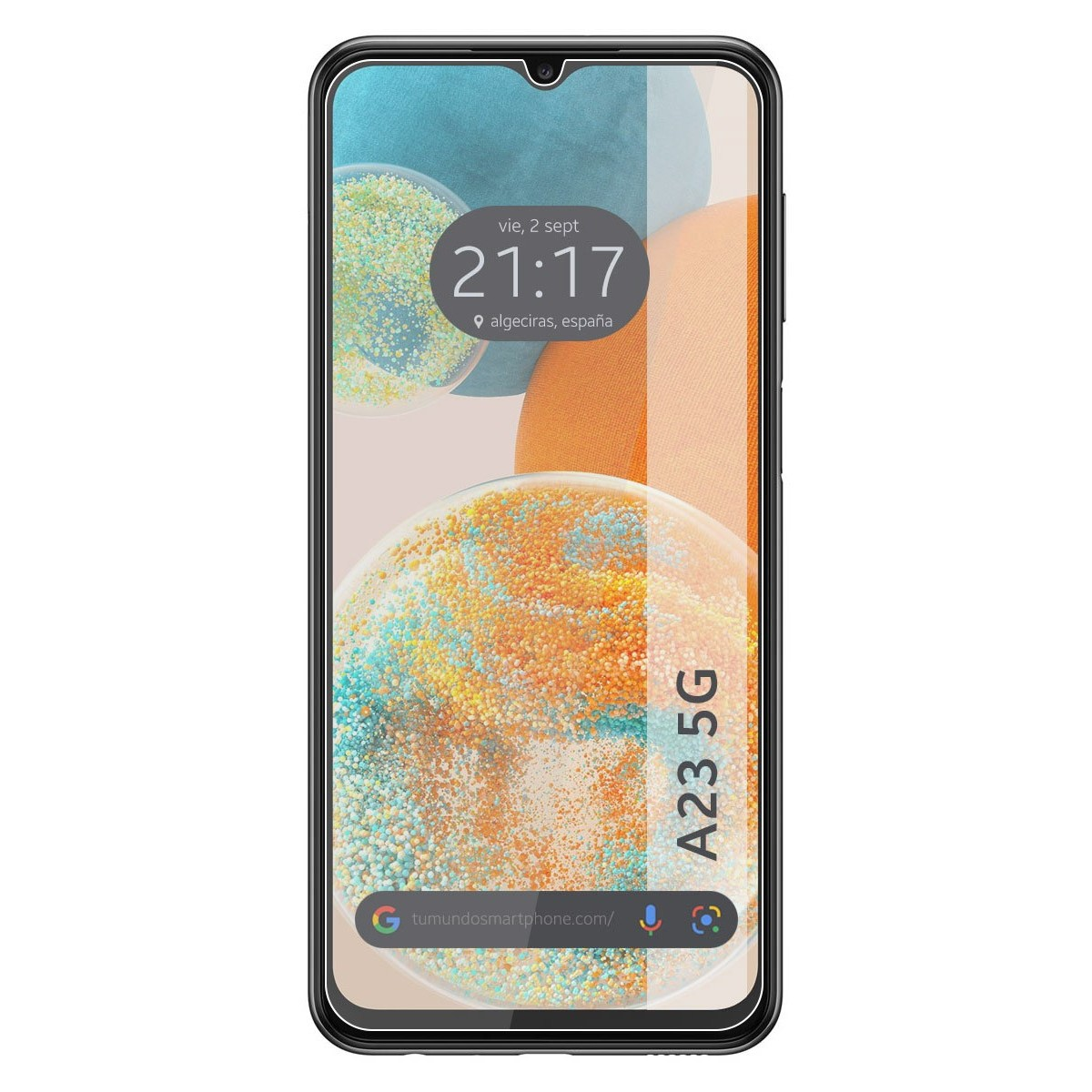 Smartphone che mostra ora, posizione e barra di ricerca Google. È un modello A23 5G.