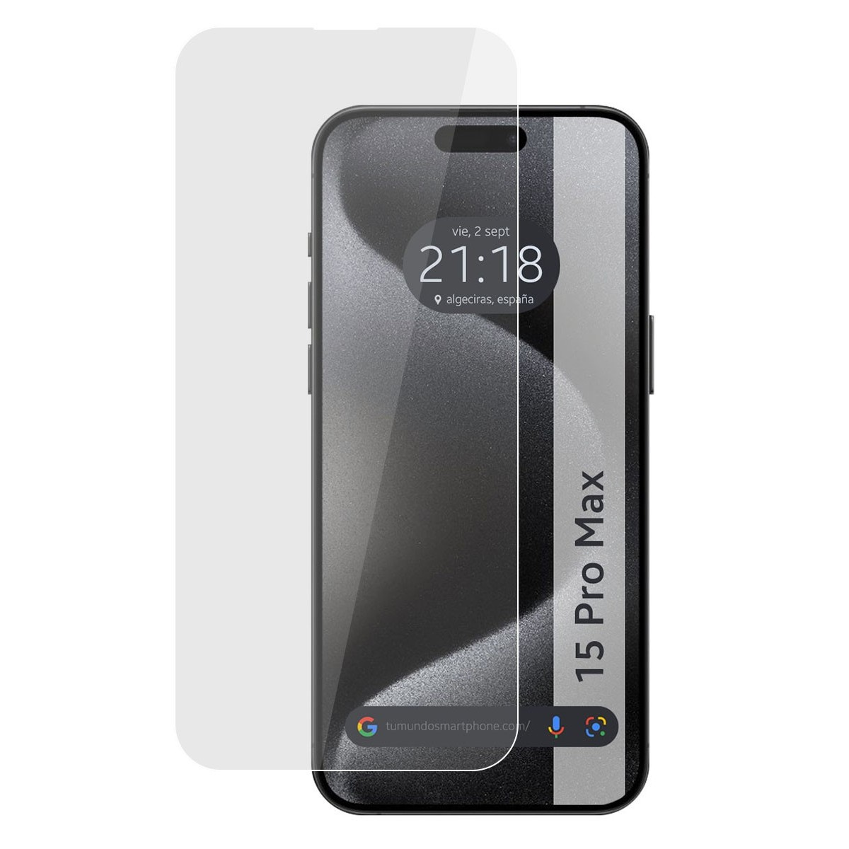 Telefono con protezione schermo. Lo schermo mostra l'ora, il luogo e '15 Pro Max'. Lo schermo mostra uno sfondo.
