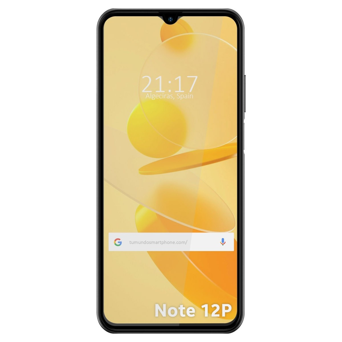 Teléfono con pantalla que muestra la hora y una barra de búsqueda. El teléfono es negro, con fondo amarillo.