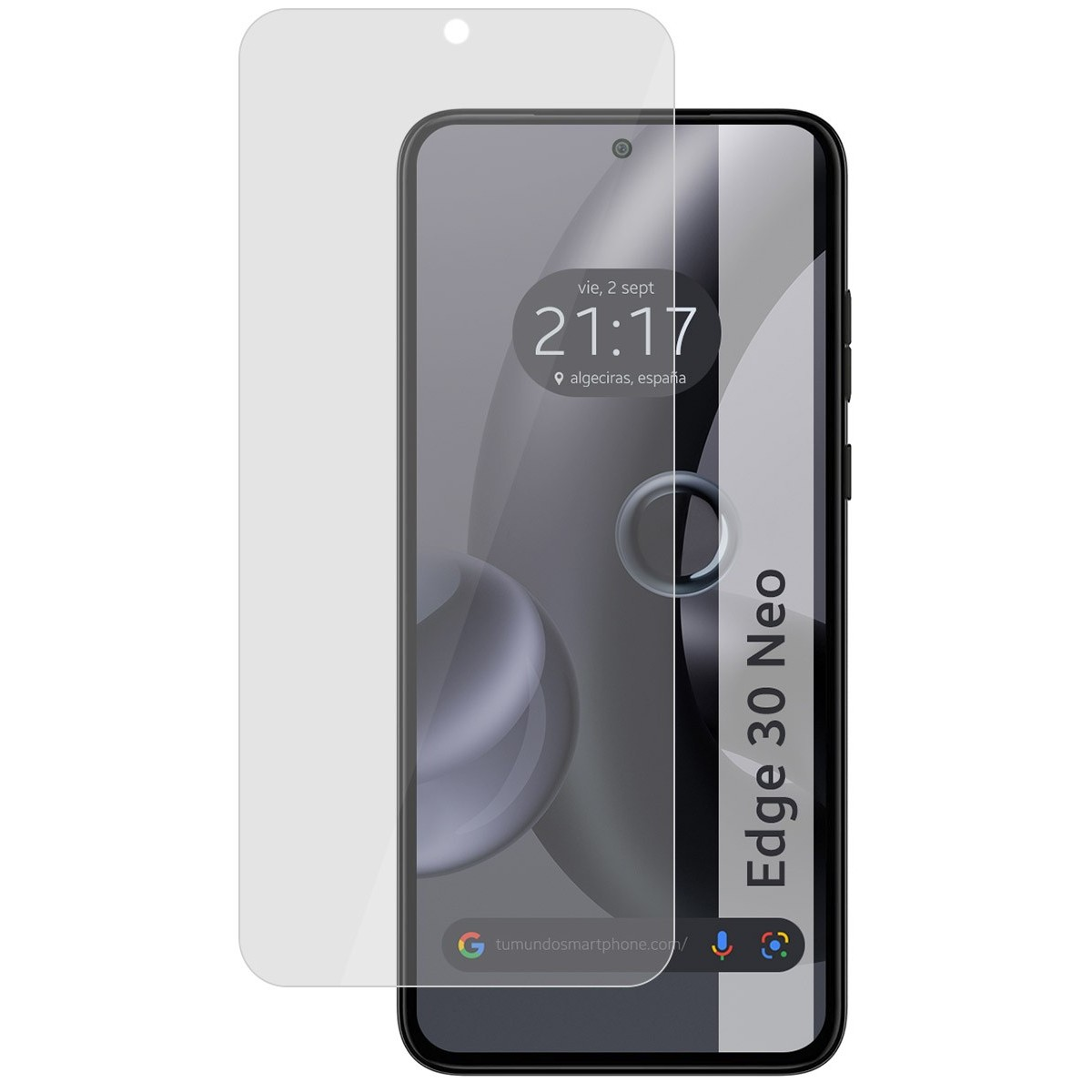 Telefono nero con protezione schermo. Mostra ora, barra di ricerca e testo Edge. Motorola Edge 30 Neo.