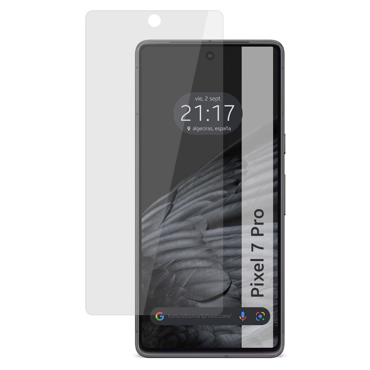 Telefono nero con protezione schermo. Mostra ora e barra di ricerca. Testo Pixel 7 Pro sullo schermo.