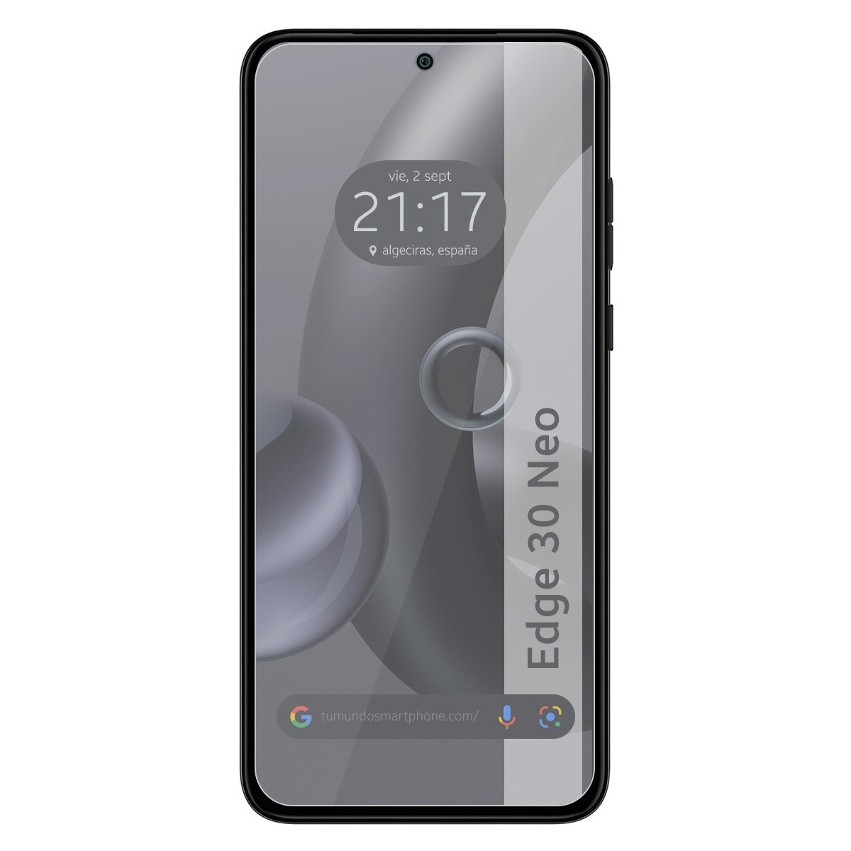 Lo schermo del telefono Edge 30 Neo mostra l'ora, Algeciras, Spagna e una barra di ricerca.