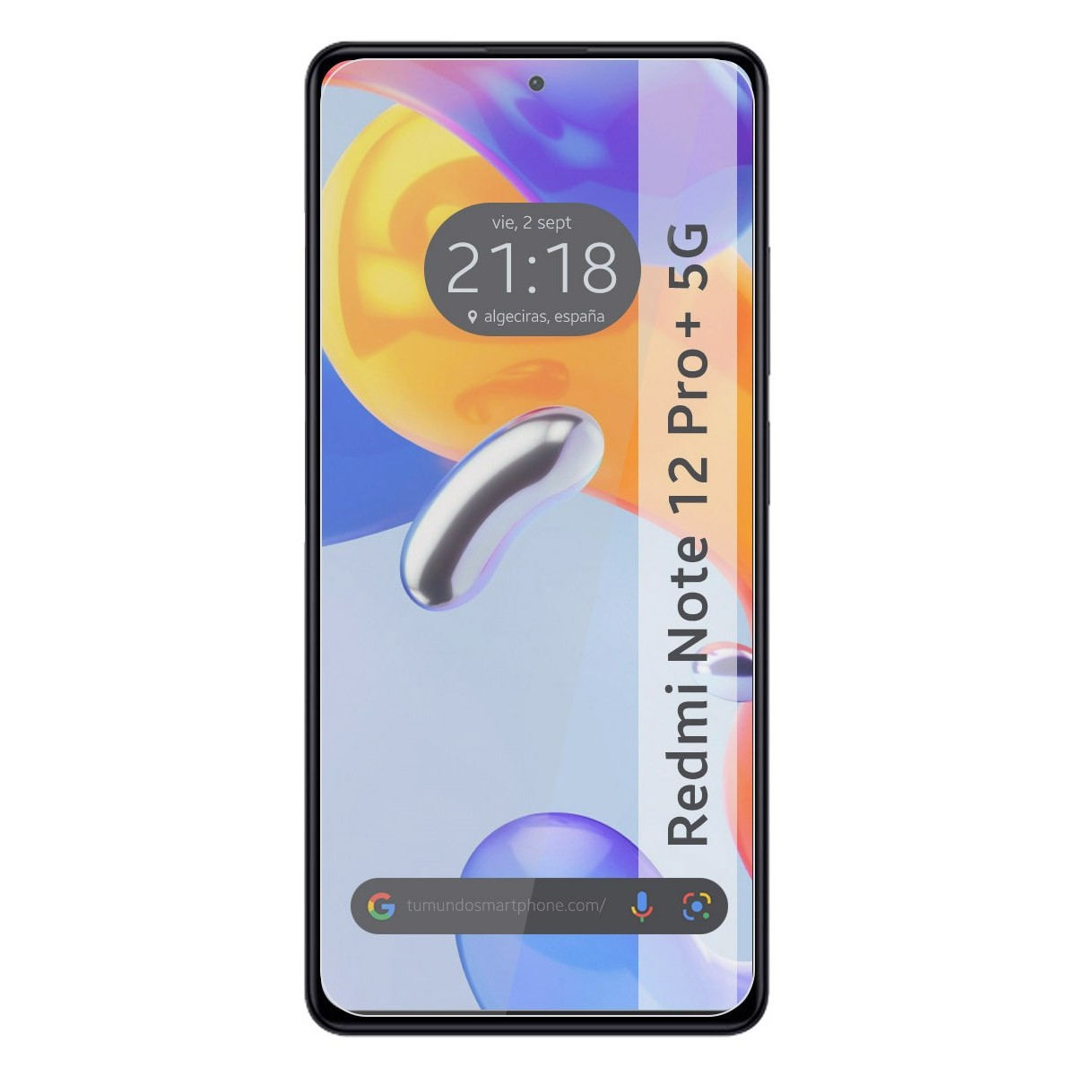 Smartphone Redmi Note 12 Pro+ 5G. Lo schermo mostra ora e data. Il telefono è nero.