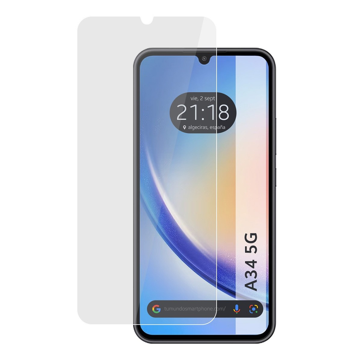 Smartphone con protezione schermo, mostra ora, data e sito web.