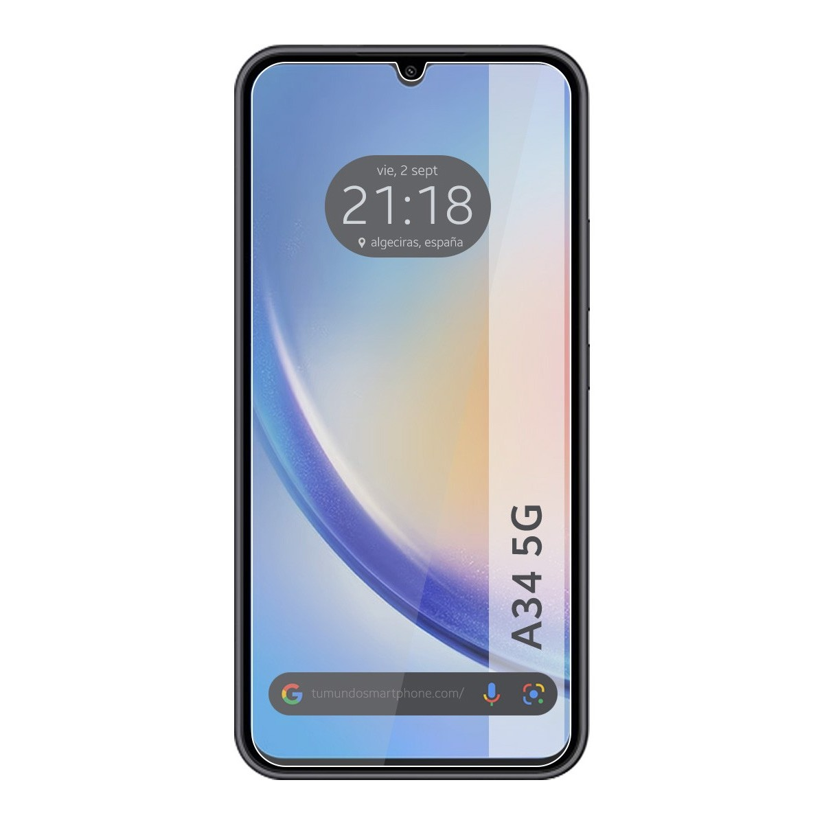 Uno smartphone nero con protezione per lo schermo applicata. L'ora è visualizzata.