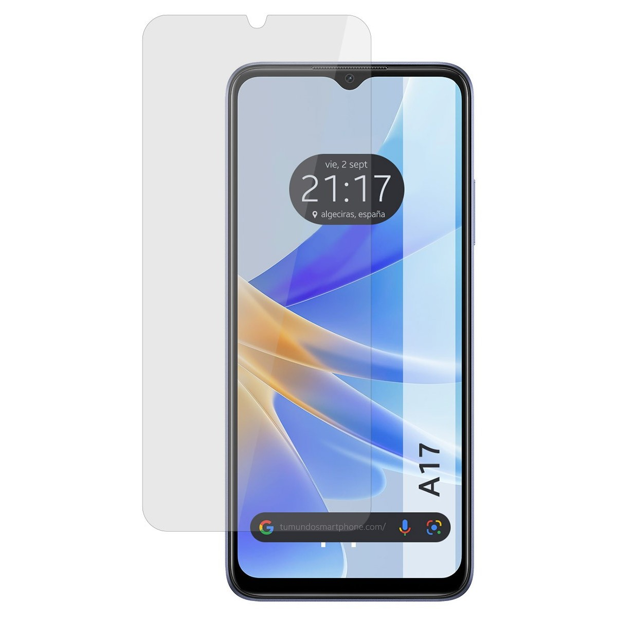 Schermo dello smartphone con ora, Algeciras, Spagna, e barra Google. Protezione e modello A17.