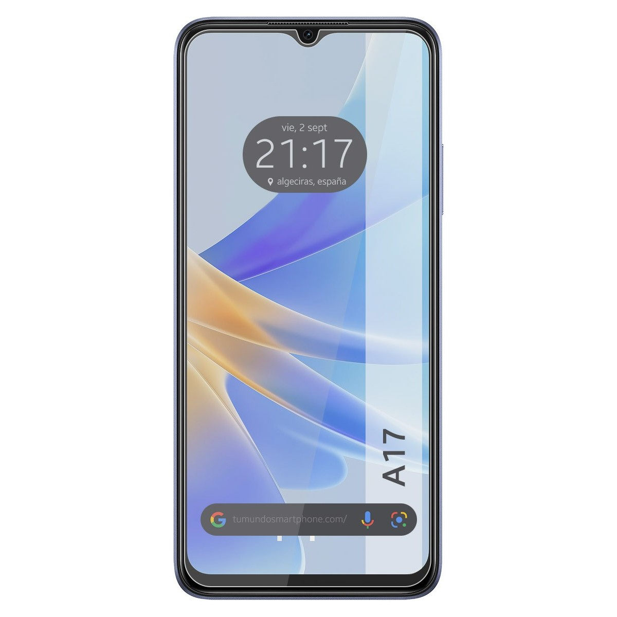 Uno smartphone blu mostra l'ora, la data e un sito web. Il telefono ha la scritta "A17".