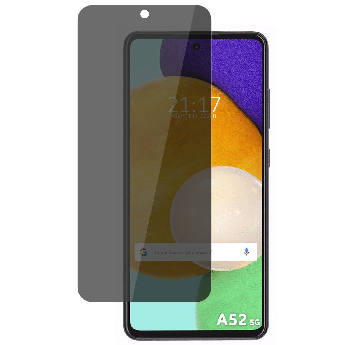 Smartphone con protezione. Mostra ora, data e logo "A52 5G". Protezione schermo a sinistra.