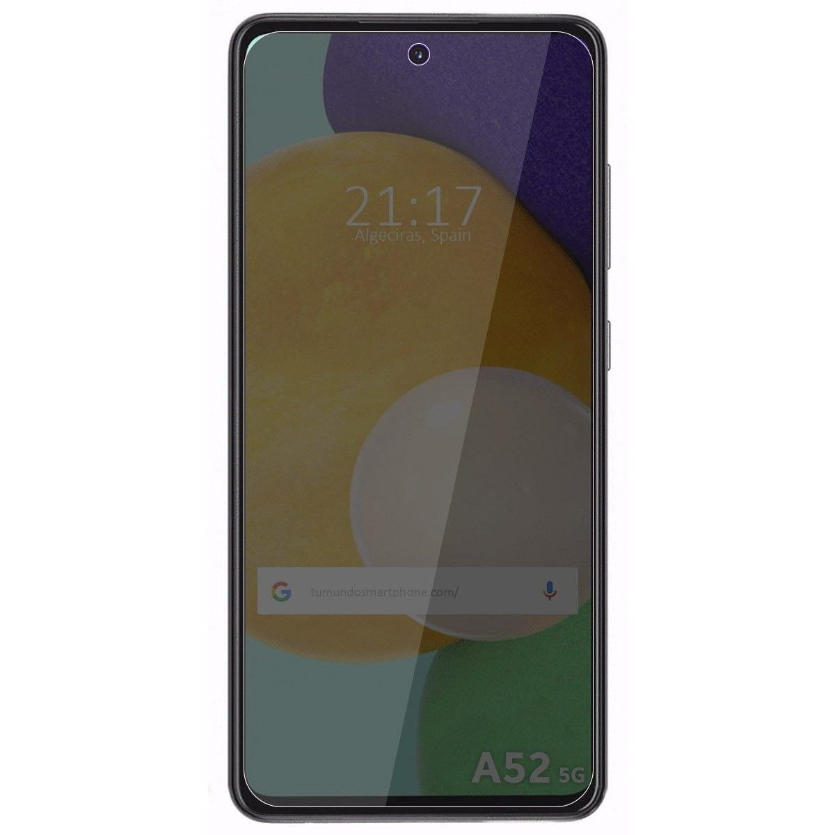 Schermo nero del telefono con ora, luogo e 'A52 5G'. Lo schermo mostra un motivo astratto colorato.