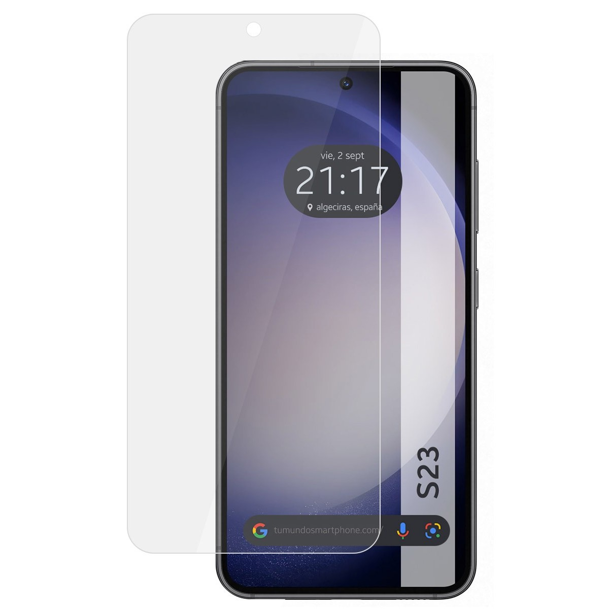 Smartphone S23 con protector de pantalla. Muestra hora, fecha y barra de búsqueda de Google. Teléfono negro.