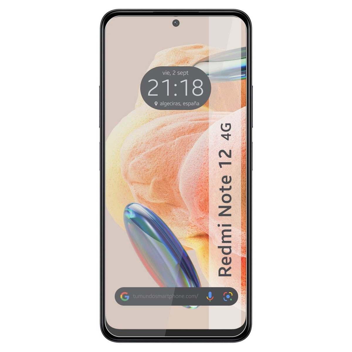Uno schermo di smartphone mostra ora, data e barra di ricerca. Il telefono è nero con una pellicola.