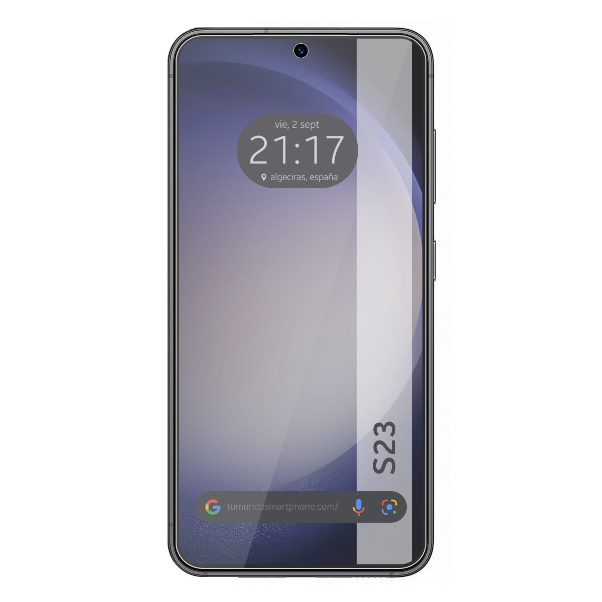 Pantalla de smartphone mostrando un diseño abstracto gris y morado con el texto 'S23' en la parte inferior.