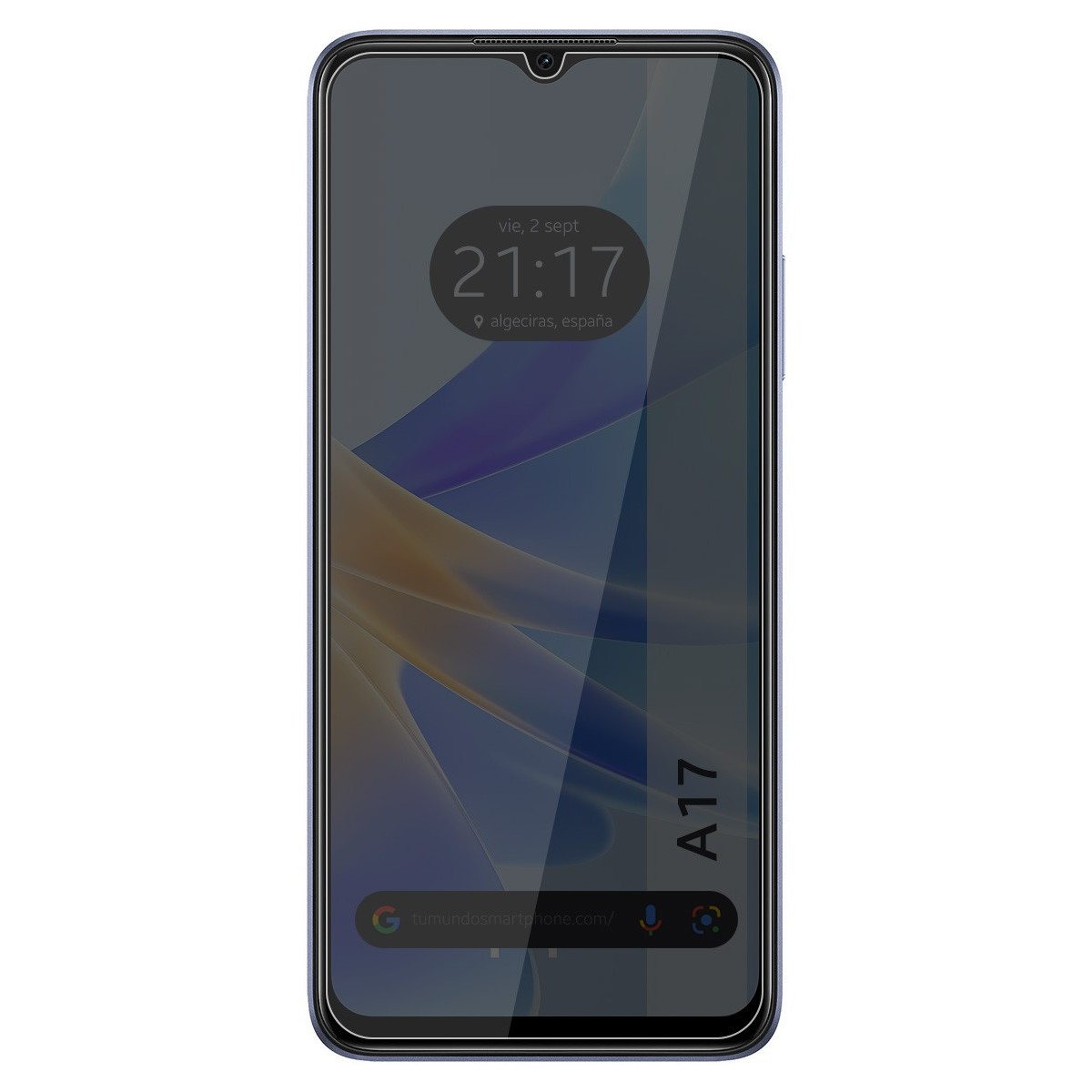 Smartphone A17 con protezione schermo. Mostra ora, luogo e barra di ricerca.