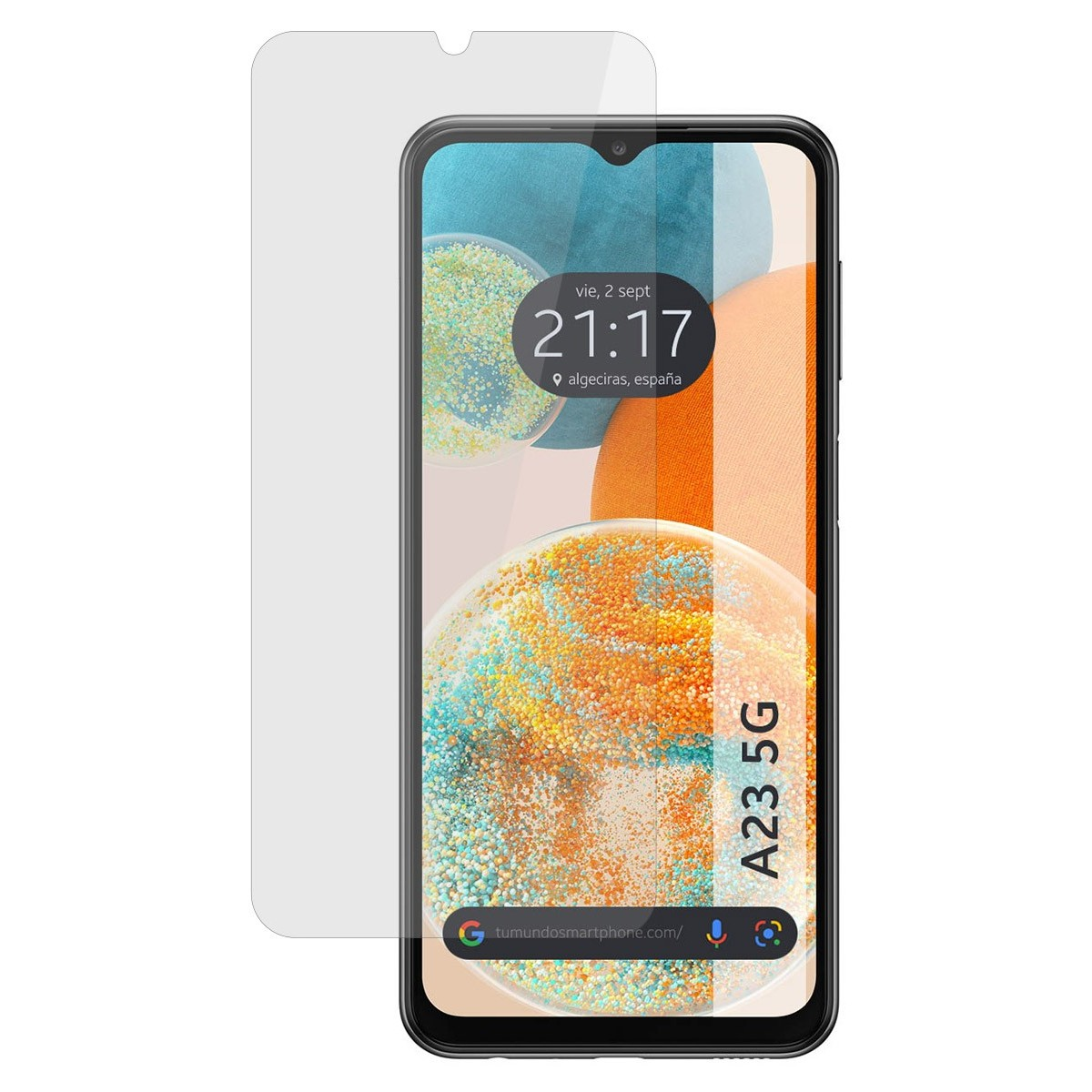 Lo schermo del telefono A23 5G mostra l'ora, Algeciras, Spagna e una barra di ricerca.