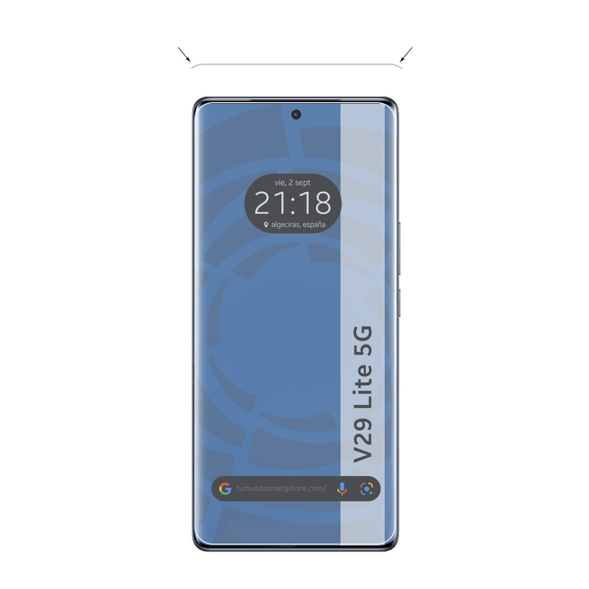 Uno schermo di smartphone mostra ora, data e posizione. Il telefono è V29 Lite 5G, con un design blu e bianco.