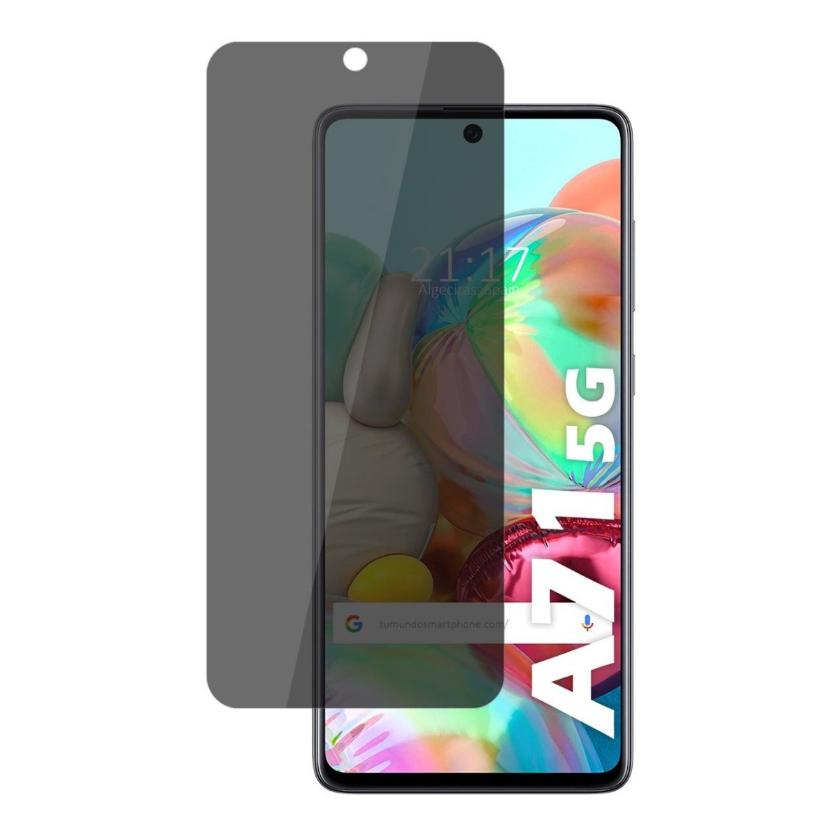 Smartphone Samsung A71 5G con protezione schermo privacy. Mostra sito web e ora.
